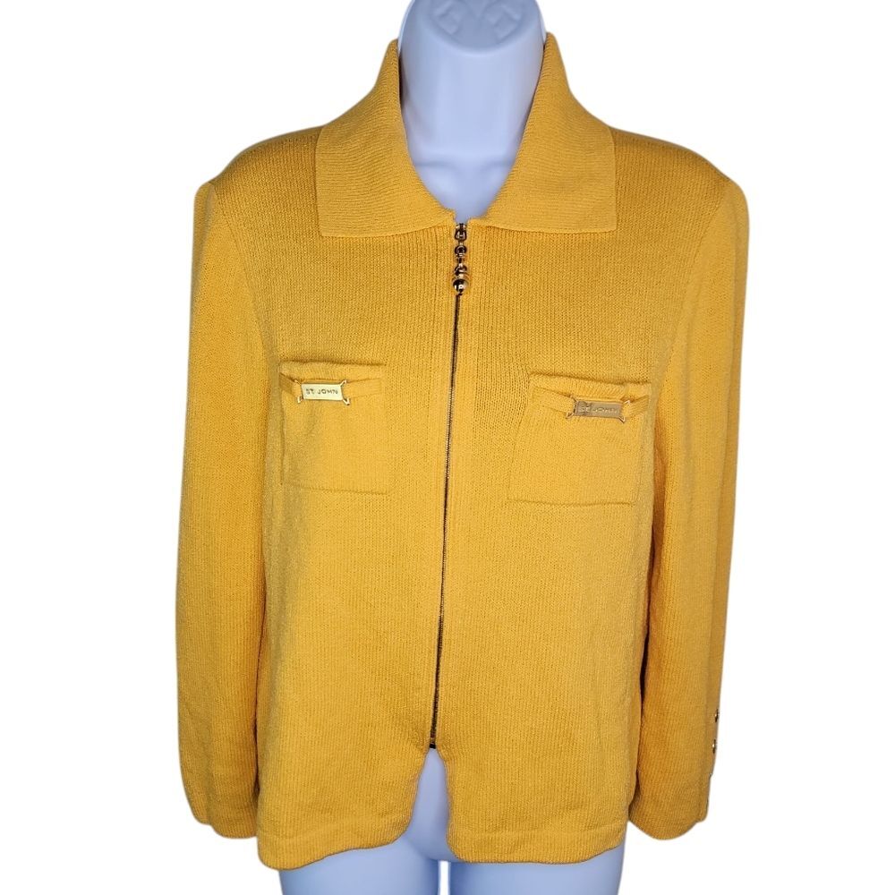 St. John Collection By Marie Gray Yellow Knit Zip Up Cardigan Sweater Size Small